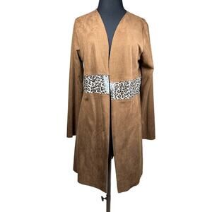 Vocal Faux Suede Animal Cheetah Print Stripe Cardigan Sweater Duster Brown L